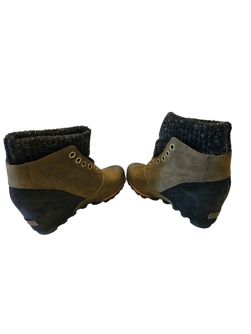 Sorel Joanie Sweater Olive Brown Wedge Ankle Boots Dark Knit Cuff 8.5